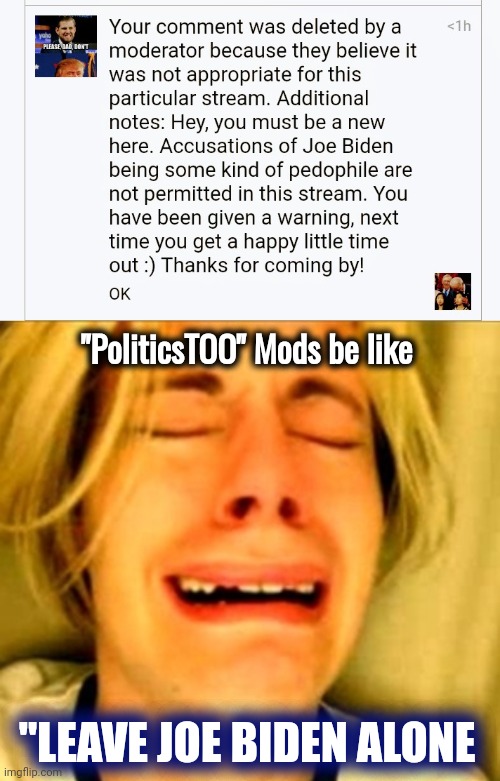 Mocking the Afflicted | "PoliticsTOO" Mods be like; "LEAVE JOE BIDEN ALONE | image tagged in leave brittney alone,bds,having fun,politicstoo,sense of humor,well yes but actually no | made w/ Imgflip meme maker