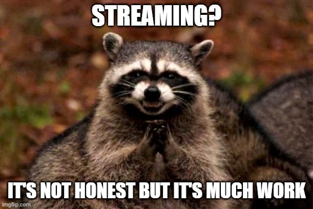 Evil Raccoon Blank | STREAMING? IT'S NOT HONEST BUT IT'S MUCH WORK | image tagged in evil raccoon blank | made w/ Imgflip meme maker