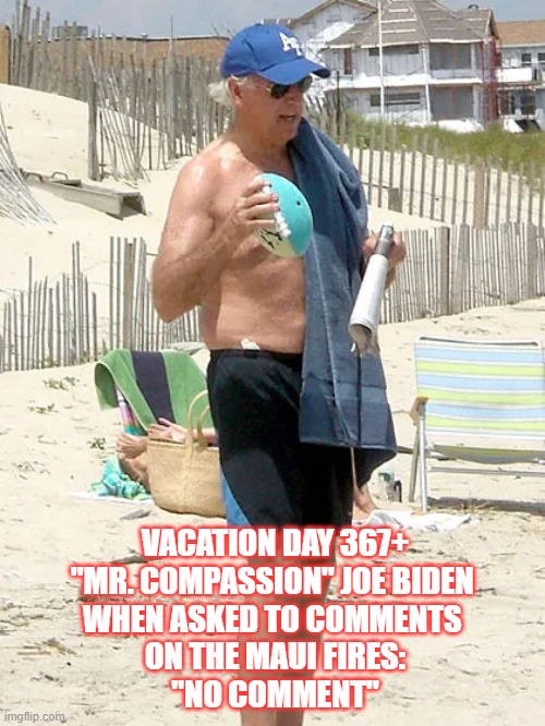 Mr. Compassion | VACATION DAY 367+
"MR. COMPASSION" JOE BIDEN 
WHEN ASKED TO COMMENTS 
ON THE MAUI FIRES:
"NO COMMENT" | image tagged in potus,joe biden,maui,vacation,part time prez | made w/ Imgflip meme maker