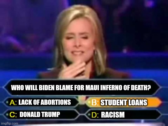 Cause we all know blaming incompetent Democrat leadership will NOT occur in Hawaii | WHO WILL BIDEN BLAME FOR MAUI INFERNO OF DEATH? LACK OF ABORTIONS; STUDENT LOANS; DONALD TRUMP; RACISM | image tagged in dumb quiz game show contestant,maui,wildfires,death,democrats,liberal logic | made w/ Imgflip meme maker