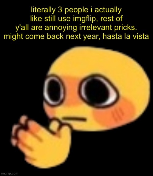Bruh | literally 3 people i actually like still use imgflip, rest of y'all are annoying irrelevant pricks. might come back next year, hasta la vista | image tagged in bruh | made w/ Imgflip meme maker