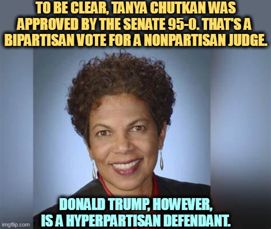 Tanya chutkan | TO BE CLEAR, TANYA CHUTKAN WAS APPROVED BY THE SENATE 95-0. THAT'S A 
BIPARTISAN VOTE FOR A NONPARTISAN JUDGE. DONALD TRUMP, HOWEVER, IS A HYPERPARTISAN DEFENDANT. | image tagged in tanya chutkan | made w/ Imgflip meme maker