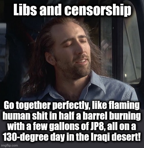 Con-Air Cameron Poe | Libs and censorship Go together perfectly, like flaming
human shit in half a barrel burning
with a few gallons of JP8, all on a
130-degree d | image tagged in con-air cameron poe | made w/ Imgflip meme maker