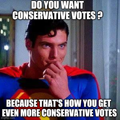 70s Superman | DO YOU WANT CONSERVATIVE VOTES ? BECAUSE THAT'S HOW YOU GET 
EVEN MORE CONSERVATIVE VOTES | image tagged in 70s superman | made w/ Imgflip meme maker