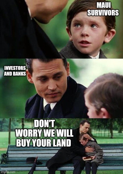Finding Neverland Meme | MAUI SURVIVORS; INVESTORS AND BANKS; DON'T WORRY WE WILL BUY YOUR LAND | image tagged in memes,finding neverland | made w/ Imgflip meme maker