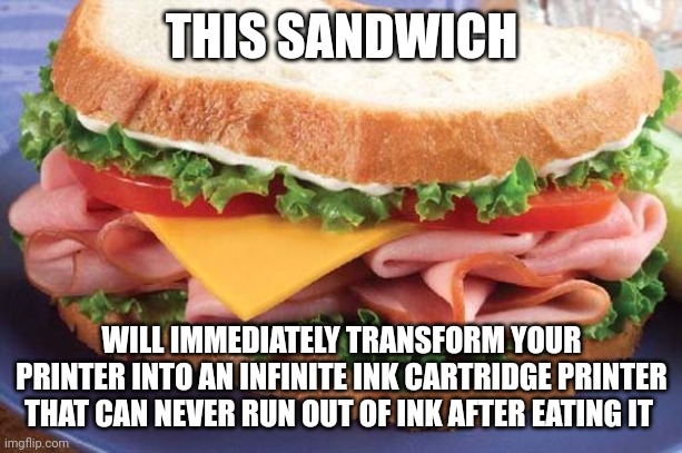Magic Infinity ink printer sandwich | THIS SANDWICH; WILL IMMEDIATELY TRANSFORM YOUR PRINTER INTO AN INFINITE INK CARTRIDGE PRINTER THAT CAN NEVER RUN OUT OF INK AFTER EATING IT | image tagged in sandwich | made w/ Imgflip meme maker