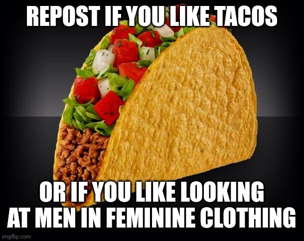 Go ahead...repost it | REPOST IF YOU LIKE TACOS; OR IF YOU LIKE LOOKING AT MEN IN FEMININE CLOTHING | image tagged in taco,femboy | made w/ Imgflip meme maker