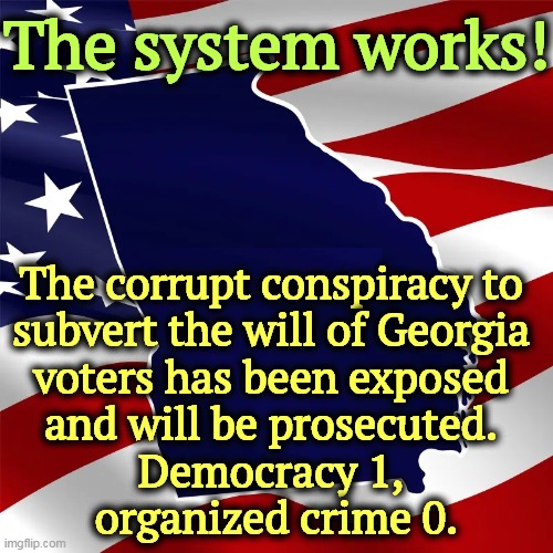 Stealing the vote in a democracy is not as easy as it looks, as Donald Trump found out in Georgia. | The system works! The corrupt conspiracy to 
subvert the will of Georgia 
voters has been exposed 
and will be prosecuted. 
Democracy 1, 
organized crime 0. | image tagged in corrupt,conspiracy,steal,georgia,exposed,trump | made w/ Imgflip meme maker
