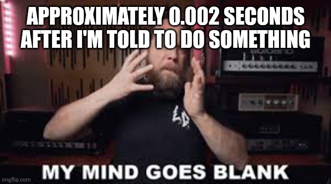 My mind goes blank | APPROXIMATELY 0.002 SECONDS AFTER I'M TOLD TO DO SOMETHING | image tagged in my mind goes blank | made w/ Imgflip meme maker