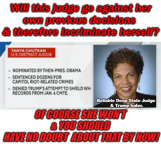 Deep State Judge | Will this judge go against her
own previous decisions 
& therefore incriminate herself? OF COURSE SHE WON'T & YOU SHOULD
 HAVE NO DOUBT  ABOUT THAT BY NOW! Reliable Deep State Judge 
& Trump hater. | image tagged in trump,judge,deep state,doj,2 tier justice system | made w/ Imgflip meme maker