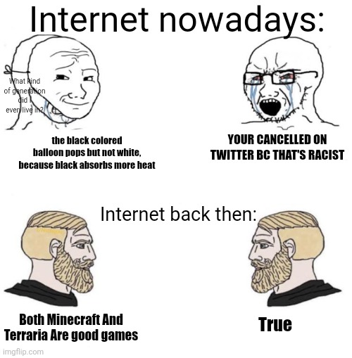I wanna go time reverse | Internet nowadays:; What kind of generation did I even live in? YOUR CANCELLED ON TWITTER BC THAT'S RACIST; the black colored balloon pops but not white, because black absorbs more heat; Internet back then:; Both Minecraft And Terraria Are good games; True | image tagged in chad we know,minecraft,terraria,twitter,unfunny,memes | made w/ Imgflip meme maker