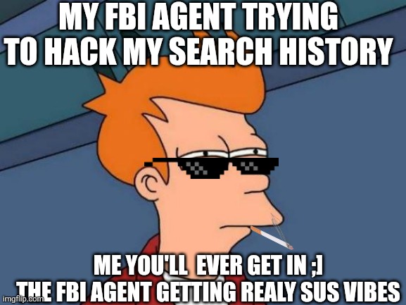 Futurama Fry | MY FBI AGENT TRYING TO HACK MY SEARCH HISTORY; ME YOU'LL  EVER GET IN ;]
THE FBI AGENT GETTING REALY SUS VIBES | image tagged in memes,futurama fry | made w/ Imgflip meme maker