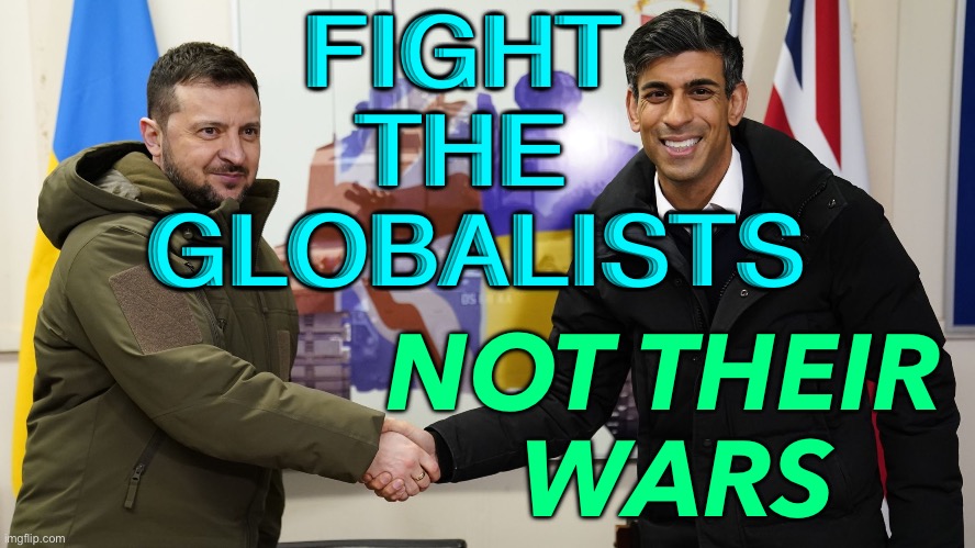 FIGHT THE GLOBALISTS NOT THEIR WARS | FIGHT 
THE 
GLOBALISTS; NOT THEIR 
WARS | image tagged in rishi sunak volodymyr zelenskyy | made w/ Imgflip meme maker