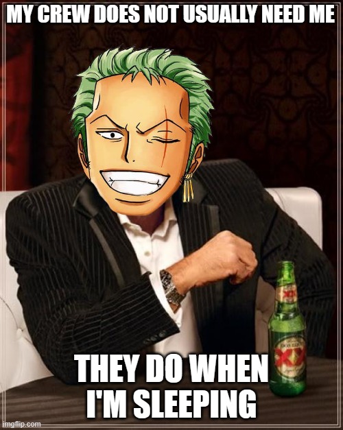 zoro the sleeps man | MY CREW DOES NOT USUALLY NEED ME; THEY DO WHEN I'M SLEEPING | image tagged in memes,the most interesting man in the world,anime,one piece,zoro | made w/ Imgflip meme maker