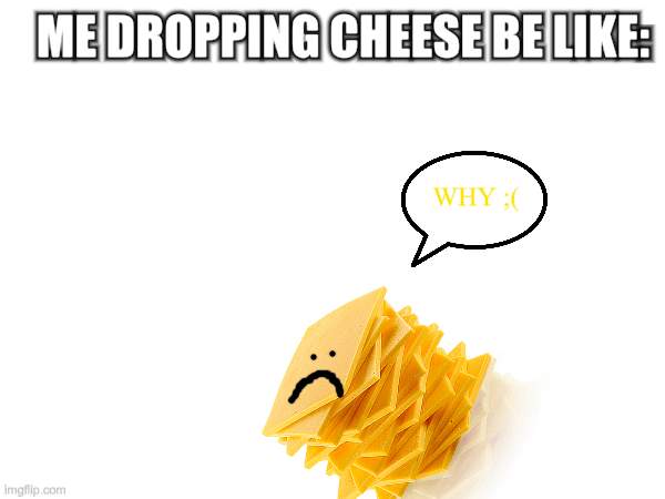 >:) | ME DROPPING CHEESE BE LIKE:; WHY ;( | image tagged in cheese,xheese,meme,memes,drop | made w/ Imgflip meme maker