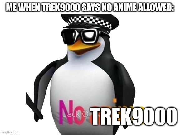 For Shinobi, Antinorm, Aquarius, Trek9000, and all of the anime lovers out there ? | ME WHEN TREK9000 SAYS NO ANIME ALLOWED:; TREK9000 | image tagged in blank white template | made w/ Imgflip meme maker