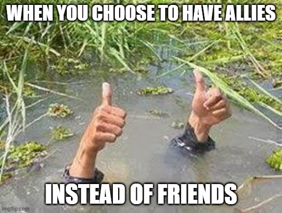 "All my friends agree with and acknowledge me." | WHEN YOU CHOOSE TO HAVE ALLIES; INSTEAD OF FRIENDS | image tagged in flooding thumbs up | made w/ Imgflip meme maker