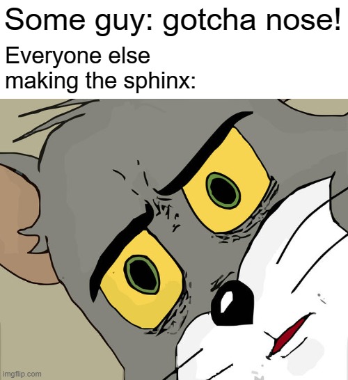 UHH | Some guy: gotcha nose! Everyone else making the sphinx: | image tagged in memes,unsettled tom | made w/ Imgflip meme maker