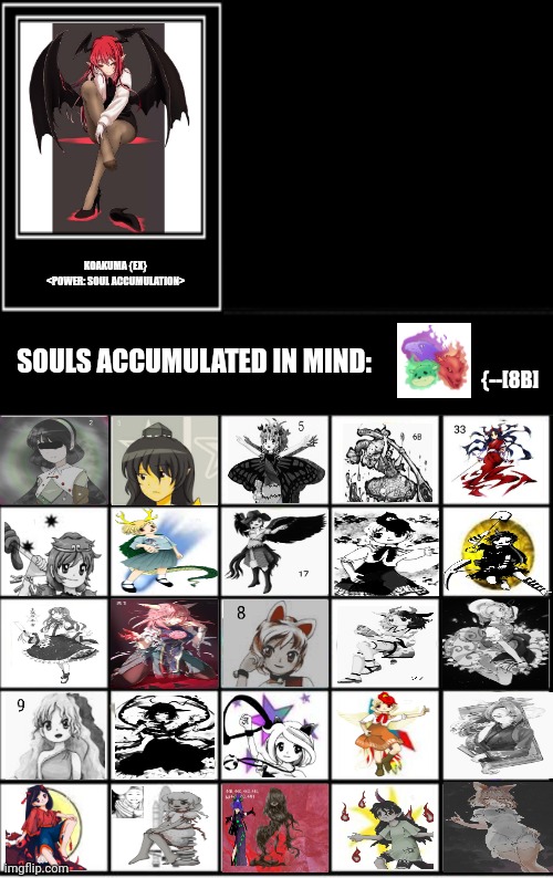 KOAKUMA {EX}

<POWER: SOUL ACCUMULATION>; SOULS ACCUMULATED IN MIND:; {--[8B] | image tagged in memes,head,canon | made w/ Imgflip meme maker