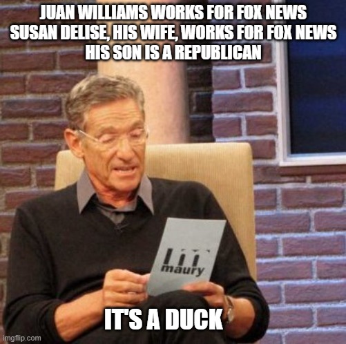 Juan Williams | JUAN WILLIAMS WORKS FOR FOX NEWS
SUSAN DELISE, HIS WIFE, WORKS FOR FOX NEWS
HIS SON IS A REPUBLICAN; IT'S A DUCK | image tagged in juan williams,fox news,republican,democrat,election 2024 | made w/ Imgflip meme maker
