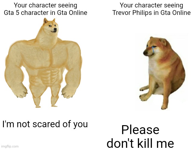 Buff Doge vs. Cheems | Your character seeing Gta 5 character in Gta Online; Your character seeing Trevor Philips in Gta Online; I'm not scared of you; Please don't kill me | image tagged in memes,buff doge vs cheems,gta,gta 5,gta v,gta online | made w/ Imgflip meme maker