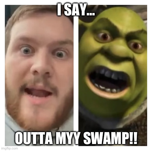 Shwwwwamp | I SAY…; OUTTA MYY SWAMP!! | image tagged in double trouble | made w/ Imgflip meme maker