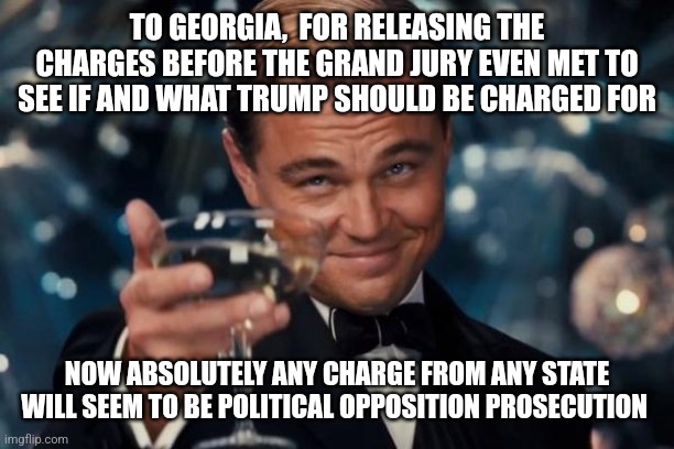 Leonardo Dicaprio Cheers | TO GEORGIA,  FOR RELEASING THE CHARGES BEFORE THE GRAND JURY EVEN MET TO SEE IF AND WHAT TRUMP SHOULD BE CHARGED FOR; NOW ABSOLUTELY ANY CHARGE FROM ANY STATE WILL SEEM TO BE POLITICAL OPPOSITION PROSECUTION | image tagged in memes,leonardo dicaprio cheers | made w/ Imgflip meme maker