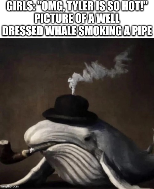 GIRLS: "OMG, TYLER IS SO HOT!"
PICTURE OF A WELL DRESSED WHALE SMOKING A PIPE | made w/ Imgflip meme maker