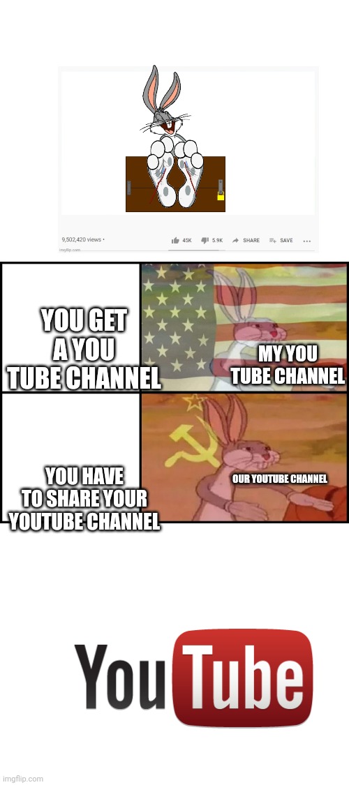 Capitalist and communist | YOU GET A YOU TUBE CHANNEL; MY YOU TUBE CHANNEL; YOU HAVE TO SHARE YOUR YOUTUBE CHANNEL; OUR YOUTUBE CHANNEL | image tagged in capitalist and communist | made w/ Imgflip meme maker