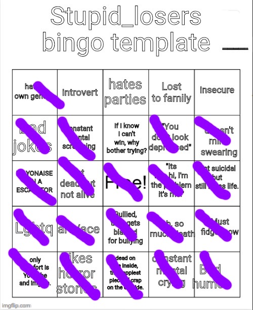 omg why did i almost fill out the entire thing lol | image tagged in stupid_losers bingo | made w/ Imgflip meme maker