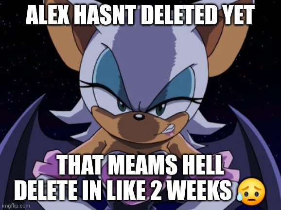 Angry Rouge | ALEX HASNT DELETED YET; THAT MEAMS HELL DELETE IN LIKE 2 WEEKS 😥 | image tagged in angry rouge | made w/ Imgflip meme maker