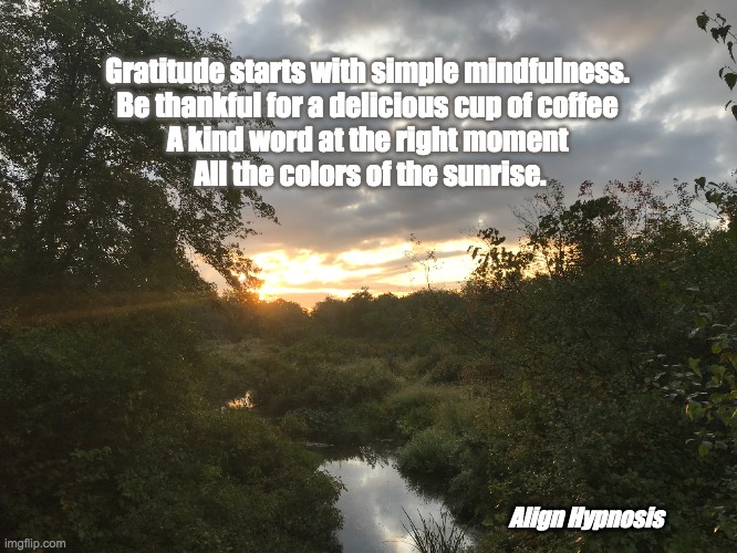 Morning Gratitude | Gratitude starts with simple mindfulness. 
Be thankful for a delicious cup of coffee 
A kind word at the right moment 
All the colors of the sunrise. Align Hypnosis | image tagged in gratitude,grateful,hypnosis,discipline of gratitude,align hypnosis | made w/ Imgflip meme maker