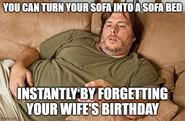 couch potato | YOU CAN TURN YOUR SOFA INTO A SOFA BED; INSTANTLY BY FORGETTING YOUR WIFE'S BIRTHDAY | image tagged in couch potato | made w/ Imgflip meme maker