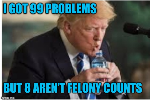 Trump Drinking Water meme | I GOT 99 PROBLEMS; BUT 8 AREN’T FELONY COUNTS | image tagged in trump drinking water meme | made w/ Imgflip meme maker