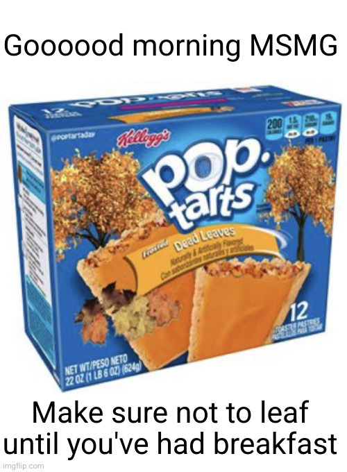 Meme #3,203 | Goooood morning MSMG; Make sure not to leaf until you've had breakfast | image tagged in memes,pop tarts,breakfast,msmg,good morning,leaves | made w/ Imgflip meme maker