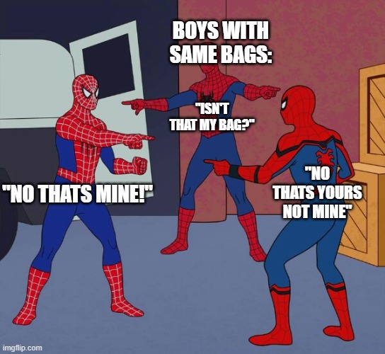 TEachers:STOP AGRUEING YOU THREE! | BOYS WITH SAME BAGS:; "ISN'T THAT MY BAG?"; "NO THATS YOURS NOT MINE"; "NO THATS MINE!" | image tagged in spider man triple | made w/ Imgflip meme maker