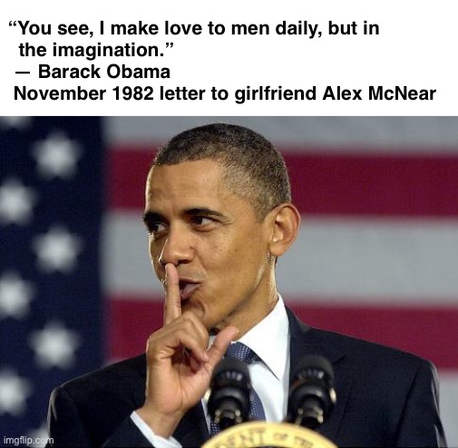 Well, that answers THAT question! | “You see, I make love to men daily, but in
   the imagination.”
  — Barack Obama
  November 1982 letter to girlfriend Alex McNear | image tagged in obama shhhhh | made w/ Imgflip meme maker