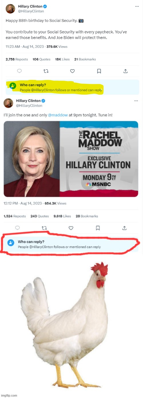 Hillary Clinton is so "Brave" and open to discussion,,, | image tagged in hillary clinton,chicken | made w/ Imgflip meme maker