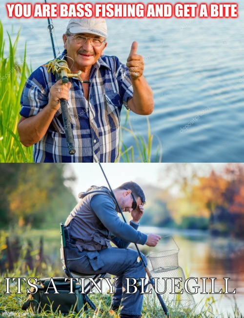 Bass fishing in a nutshell | YOU ARE BASS FISHING AND GET A BITE; ITS A TINY BLUEGILL | image tagged in gone fishing | made w/ Imgflip meme maker