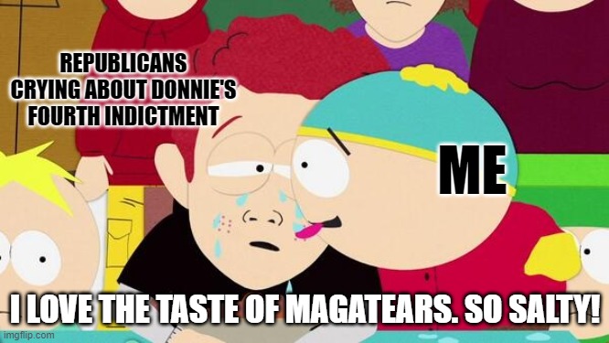 Scott Tenorman | REPUBLICANS CRYING ABOUT DONNIE'S FOURTH INDICTMENT; ME; I LOVE THE TASTE OF MAGATEARS. SO SALTY! | image tagged in scott tenorman | made w/ Imgflip meme maker