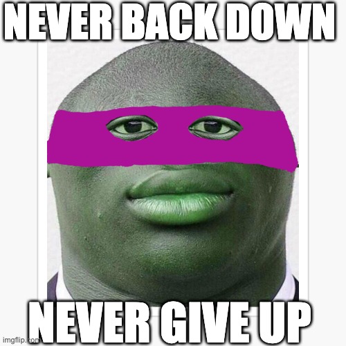 Words of encouragement | NEVER BACK DOWN; NEVER GIVE UP | image tagged in ninja turtles,meme,green | made w/ Imgflip meme maker