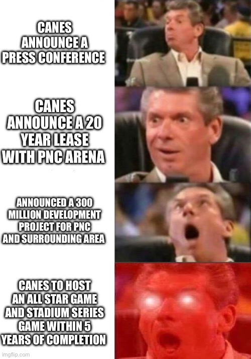 Mr. McMahon reaction | CANES ANNOUNCE A PRESS CONFERENCE; CANES ANNOUNCE A 20 YEAR LEASE WITH PNC ARENA; ANNOUNCED A 300 MILLION DEVELOPMENT PROJECT FOR PNC AND SURROUNDING AREA; CANES TO HOST AN ALL STAR GAME AND STADIUM SERIES GAME WITHIN 5 YEARS OF COMPLETION | image tagged in mr mcmahon reaction | made w/ Imgflip meme maker