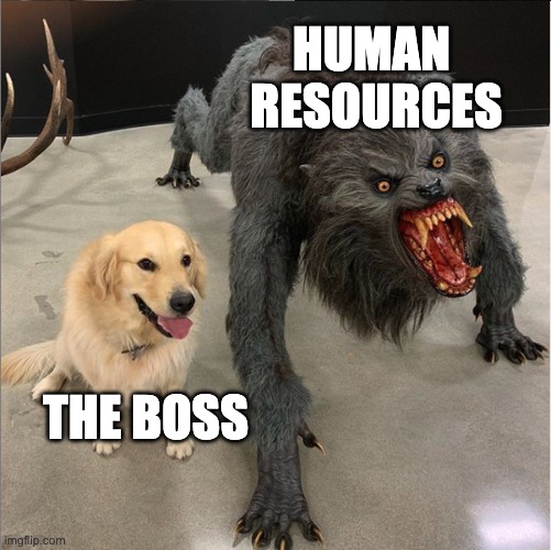 Boss vs HR | HUMAN 
RESOURCES; THE BOSS | image tagged in dog vs werewolf,boss,work | made w/ Imgflip meme maker
