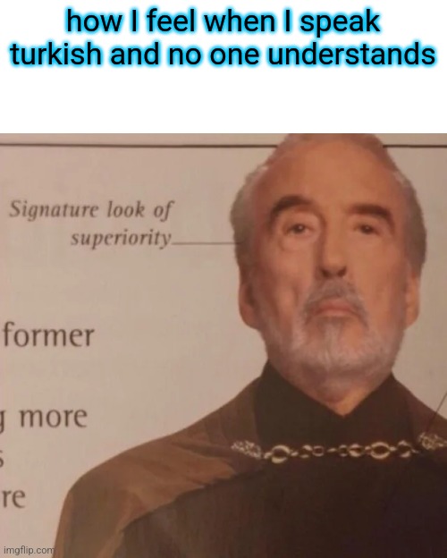 Signature Look of superiority | how I feel when I speak turkish and no one understands | image tagged in signature look of superiority | made w/ Imgflip meme maker