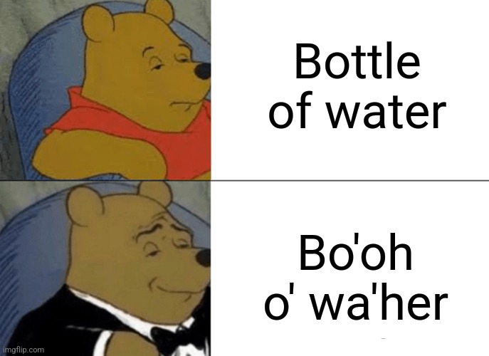 Tuxedo Winnie The Pooh | Bottle of water; Bo'oh o' wa'her | image tagged in memes,tuxedo winnie the pooh | made w/ Imgflip meme maker