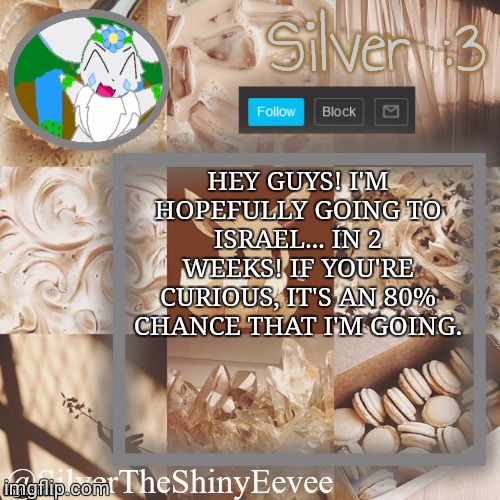 HUGE ANNOUNCEMENT | HEY GUYS! I'M HOPEFULLY GOING TO ISRAEL... IN 2 WEEKS! IF YOU'RE CURIOUS, IT'S AN 80% CHANCE THAT I'M GOING. | image tagged in silvertheshinyeevee announcement temp v2 | made w/ Imgflip meme maker