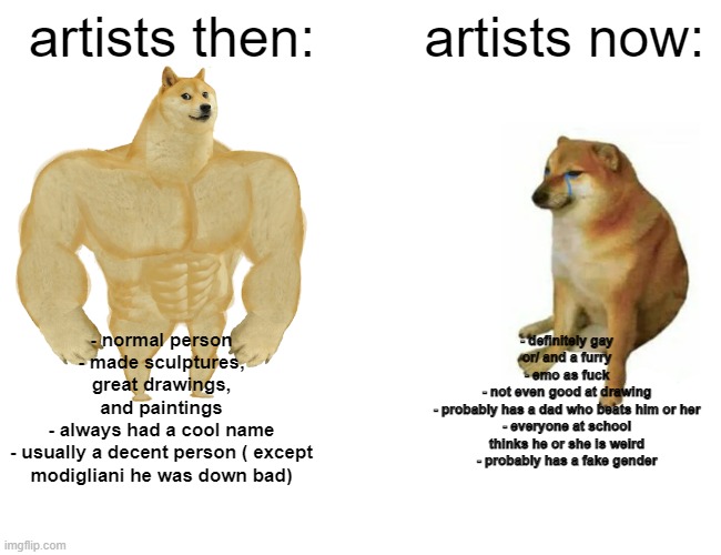 Buff Doge vs. Cheems Meme | artists then:; artists now:; - definitely gay or/ and a furry
- emo as fuck
- not even good at drawing
- probably has a dad who beats him or her
- everyone at school thinks he or she is weird
- probably has a fake gender; - normal person
- made sculptures, great drawings,
and paintings
- always had a cool name
- usually a decent person ( except modigliani he was down bad) | image tagged in memes,buff doge vs cheems | made w/ Imgflip meme maker