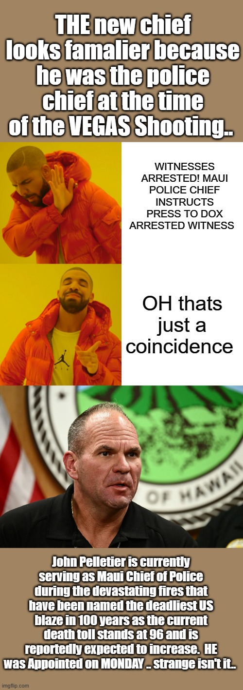 Strange isn't it He was hired on Monday | THE new chief looks famalier because he was the police chief at the time of the VEGAS Shooting.. WITNESSES ARRESTED! MAUI POLICE CHIEF INSTRUCTS PRESS TO DOX ARRESTED WITNESS; OH thats just a coincidence; John Pelletier is currently serving as Maui Chief of Police during the devastating fires that have been named the deadliest US blaze in 100 years as the current death toll stands at 96 and is reportedly expected to increase.  HE was Appointed on MONDAY .. strange isn't it.. | image tagged in democrats,psychopaths and serial killers | made w/ Imgflip meme maker