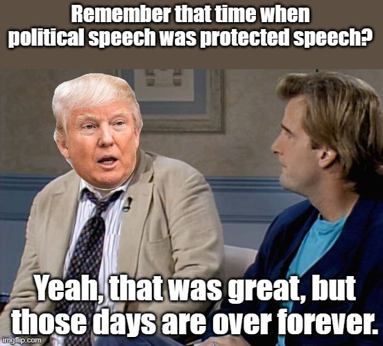 Trumped up charges have the same new meaning.... | Remember that time when political speech was protected speech? Yeah, that was great, but those days are over forever. | image tagged in remember that time | made w/ Imgflip meme maker