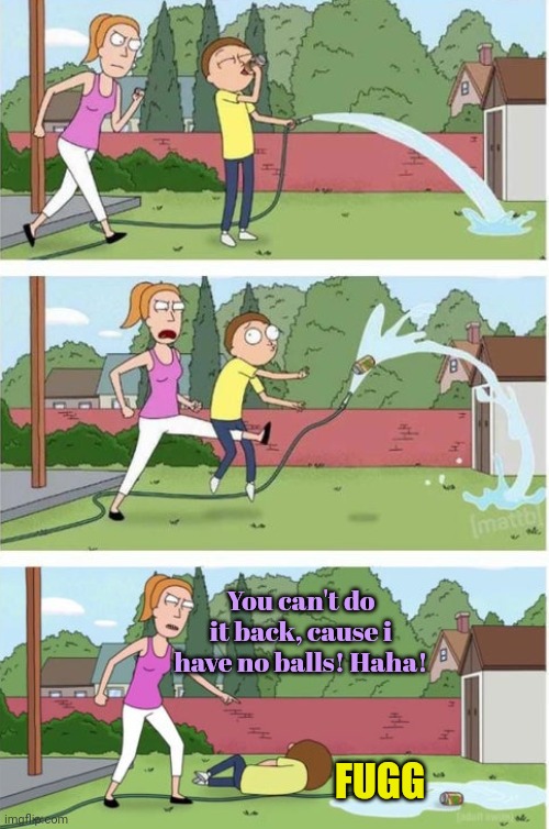 Ouch | You can't do it back, cause i have no balls! Haha! FUGG | image tagged in morty gets kicked in the balls,owww my balls,balls,stop it | made w/ Imgflip meme maker